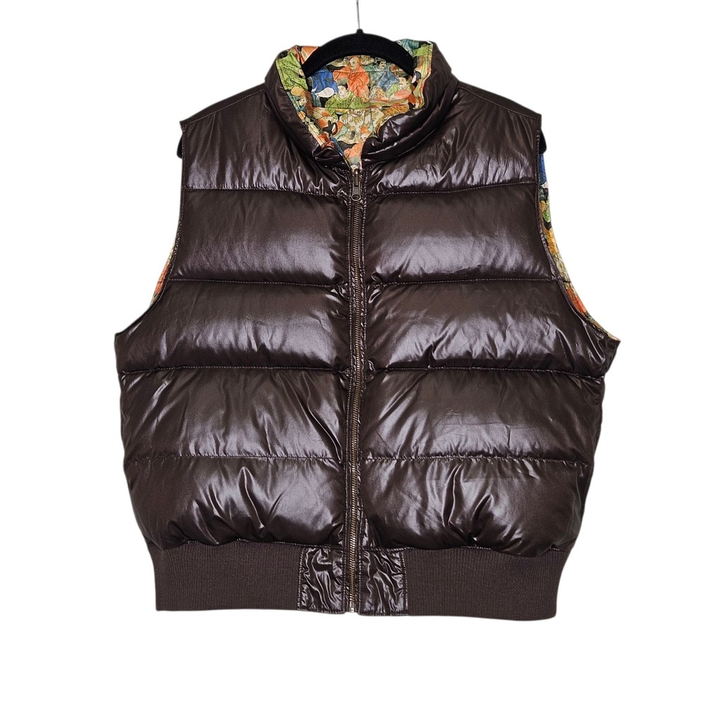 Lucky Brand Y2K 90s Reversible Down Puffer Vest Floral Asian Art Brown Womens XL